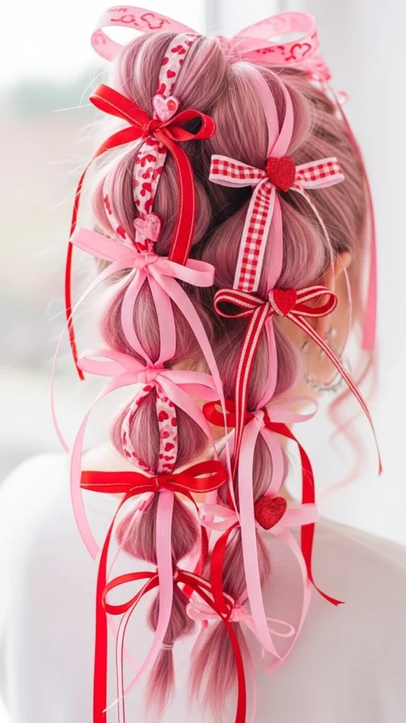 15 Romantic Valentine's Day Hairstyles That'll Make Hearts Skip a Beat 8 Bubble Ponytail with Valentine Accessories