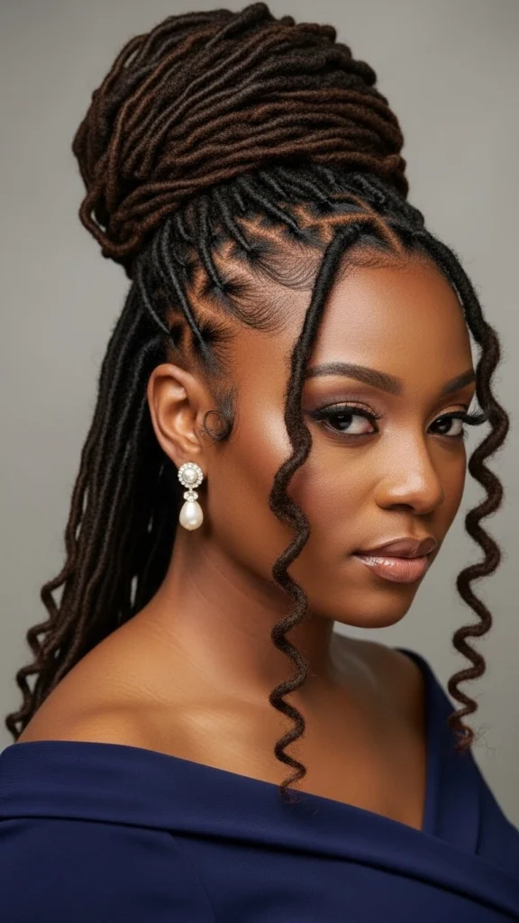 12 Elegant Formal Locs Hairstyles for Weddings, Proms & Special Events 1 Classic High Bun with Face Framing Locs