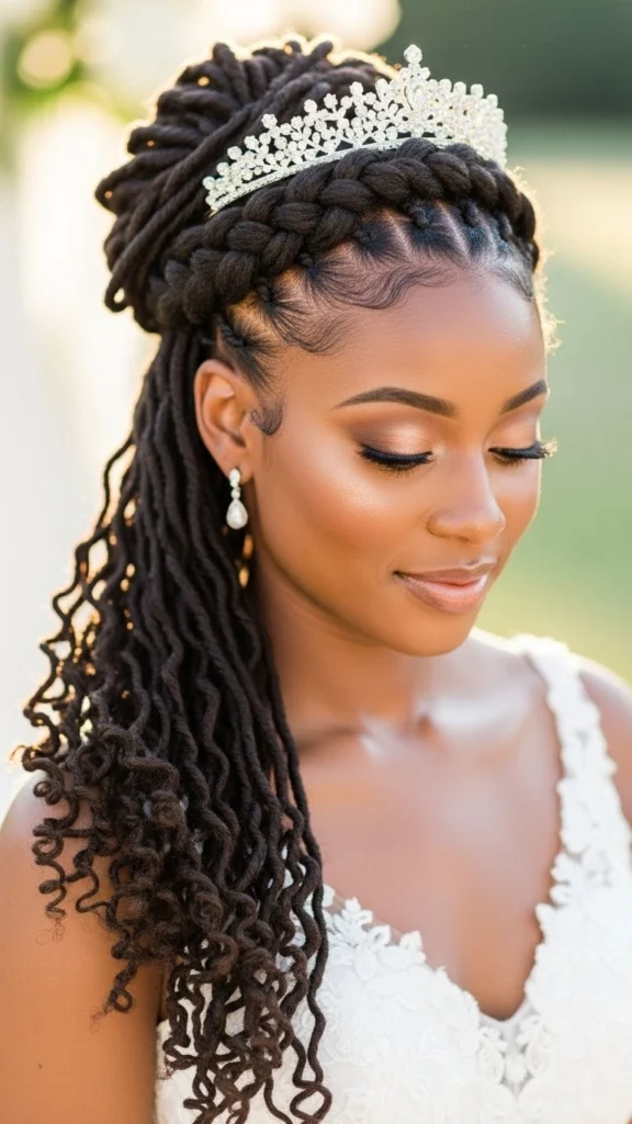 12 Elegant Formal Locs Hairstyles for Weddings, Proms & Special Events 4 Crown Braid with Loose Locs