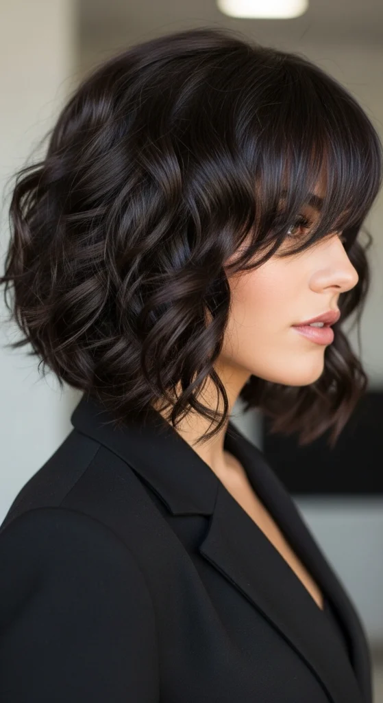 15 Curly Haircuts With Bangs That'll Make You Screenshot Immediately 12 Curly Lob with Peek a Boo Bangs