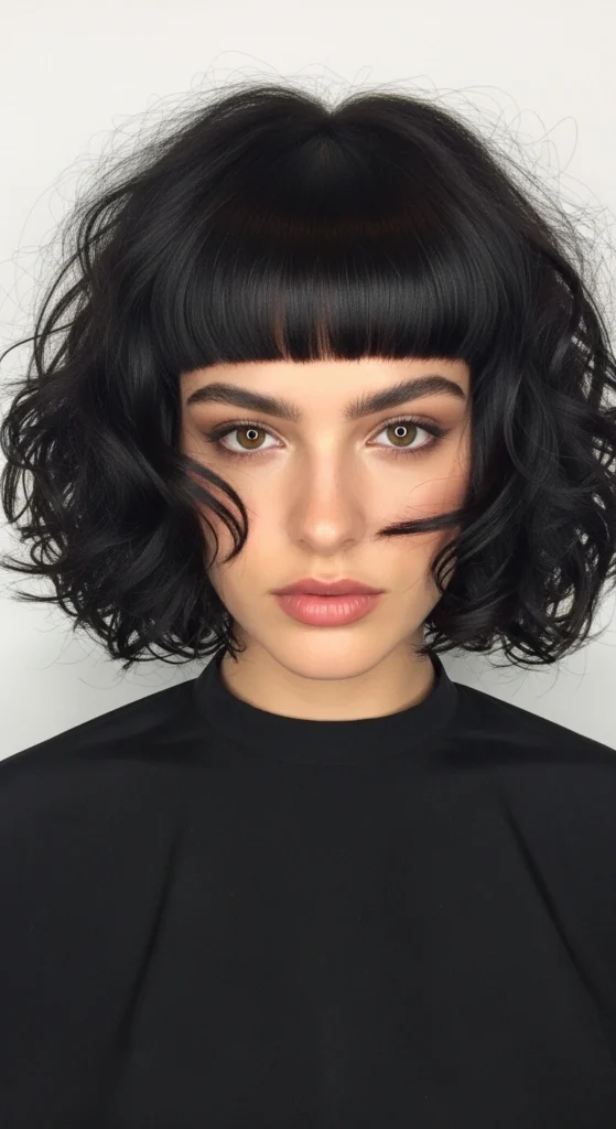 15 Curly Haircuts With Bangs That'll Make You Screenshot Immediately 9 Curly Shag Bob with Blunt Bangs