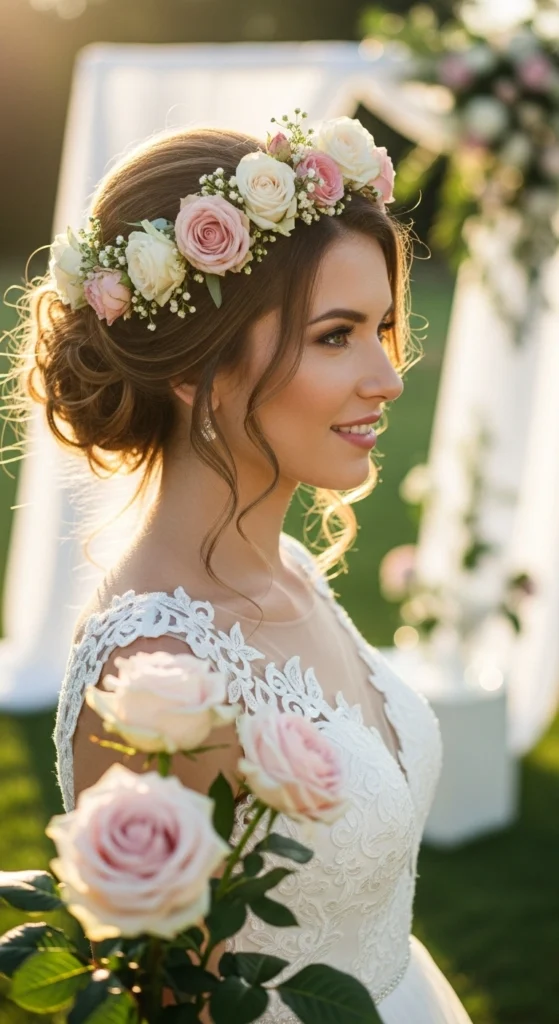 12 Elegant Curly Wedding Hairstyles Perfect for Every Bride 6 Curly Wedding Hair Half Up with Floral Crown