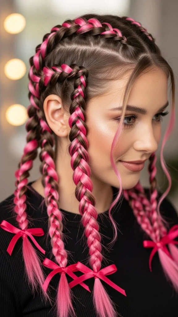 15 Romantic Valentine's Day Hairstyles That'll Make Hearts Skip a Beat 10 Double Dutch Braids with Ribbon Weave