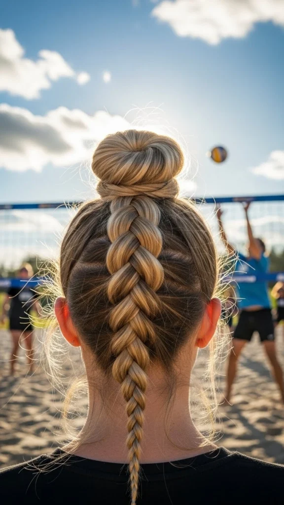 15 Cute Volleyball Hairstyles That Stay Put During Every Game 15 Dutch Braided Top Knot