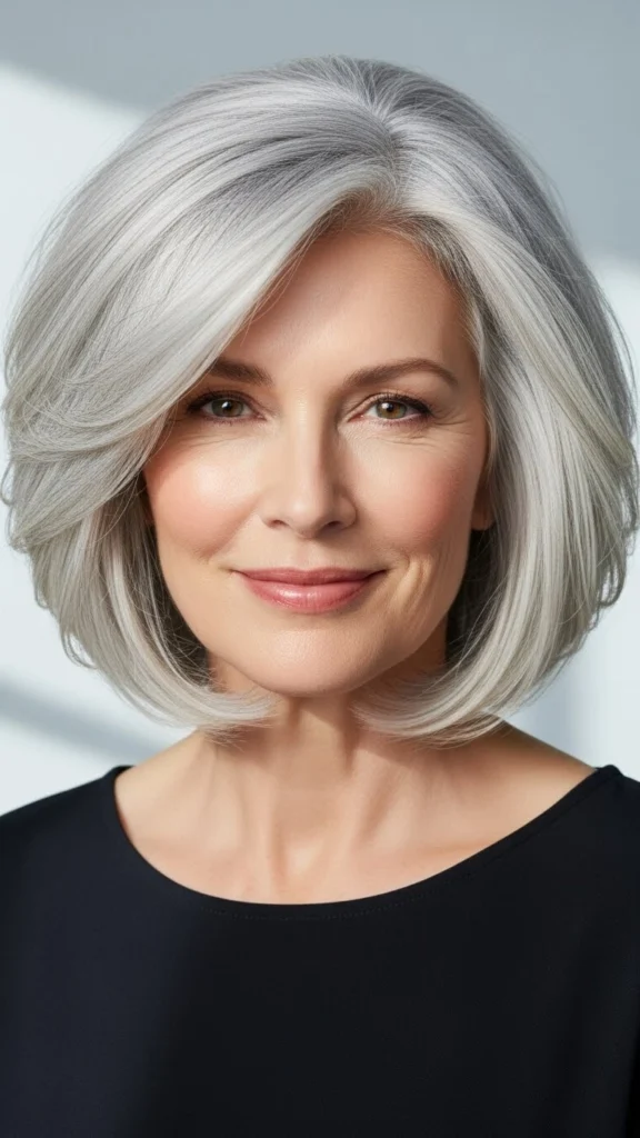 12 Gorgeous Bob Haircuts for Thin Hair That Make Older Women Look Years Younger 1 Elegant woman over 50 with silver gray layered bob haircut