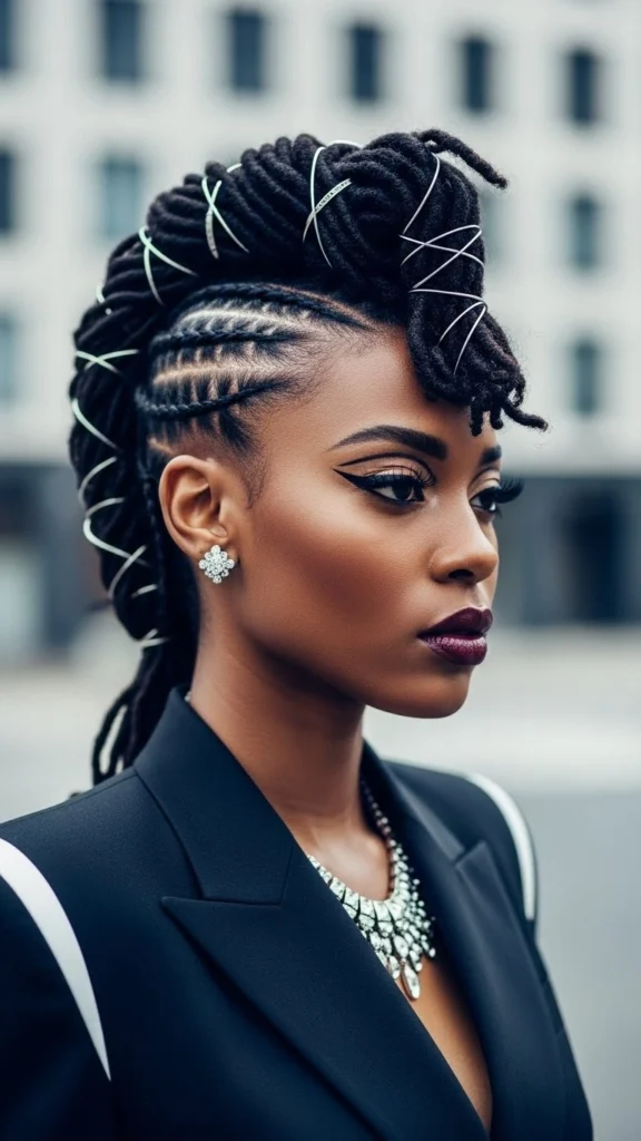 12 Elegant Formal Locs Hairstyles for Weddings, Proms & Special Events 7 Faux Hawk with Pinned Sides