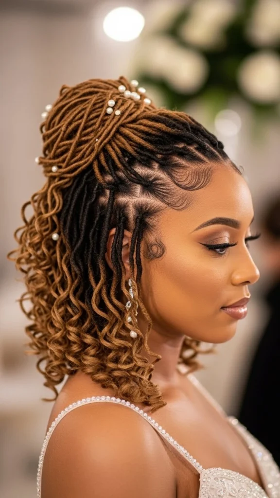 12 Elegant Formal Locs Hairstyles for Weddings, Proms & Special Events 6 Half Up Half Down with Loc Curls