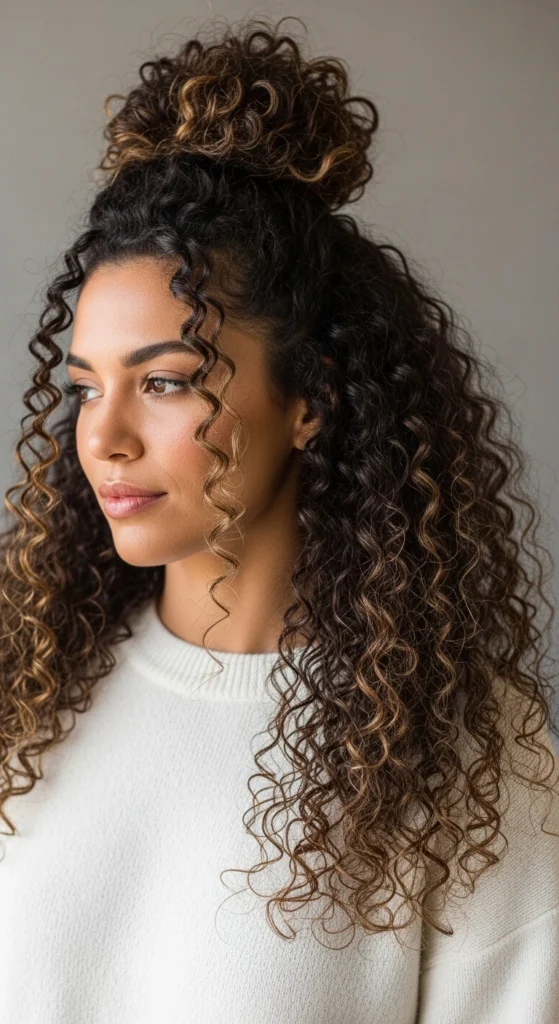 12 Effortless Curly Half Up Half Down Hairstyles for Every Occasion 3 Half Up Top Knot With Curly Ends