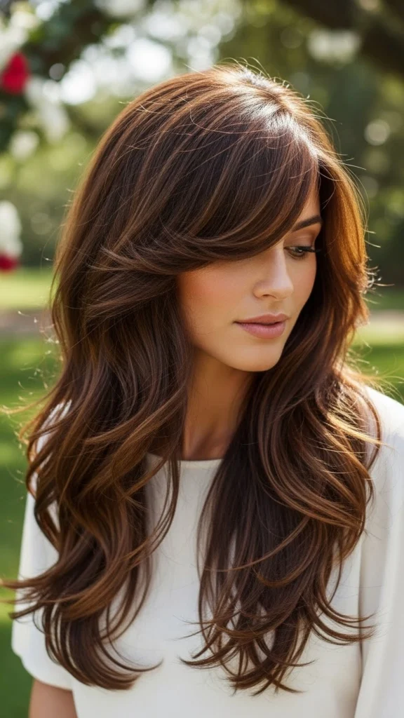 12 Wavy Wolf Cut with Bangs: Stunning Styles to Try in 2026 4 Long Wavy Wolf Cut with Wispy Side Swept Bangs