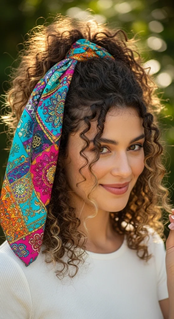 12 Effortless Curly Half Up Half Down Hairstyles for Every Occasion 11 Low Half Up With Hair Scarf