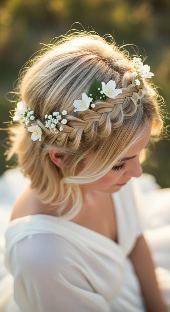15 Short Prom Hairstyles ideas With a Modern Twist 3 Romantic Braided Crown for Short Hair