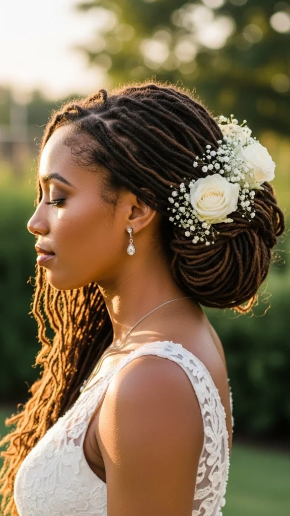 12 Elegant Formal Locs Hairstyles for Weddings, Proms & Special Events 2 Romantic Low Bun with Floral Accessories