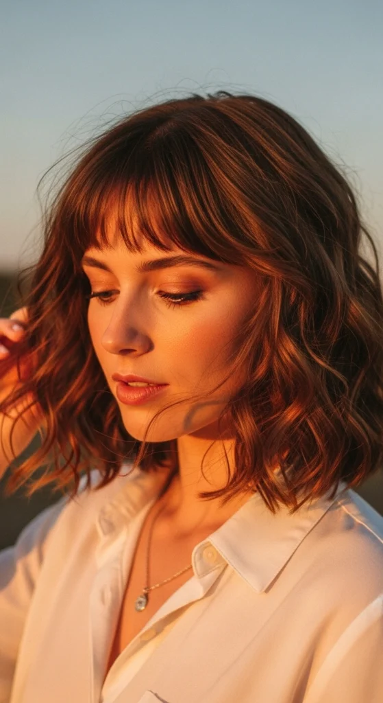 15 Curly Haircuts With Bangs That'll Make You Screenshot Immediately 6 Shoulder Length Curls with Wispy Bangs