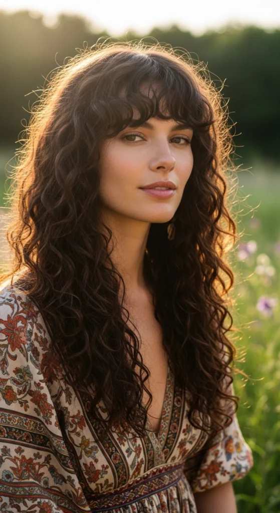 15 Curly Haircuts With Bangs That'll Make You Screenshot Immediately 1 Soft Curtain Bangs with Layered Curls