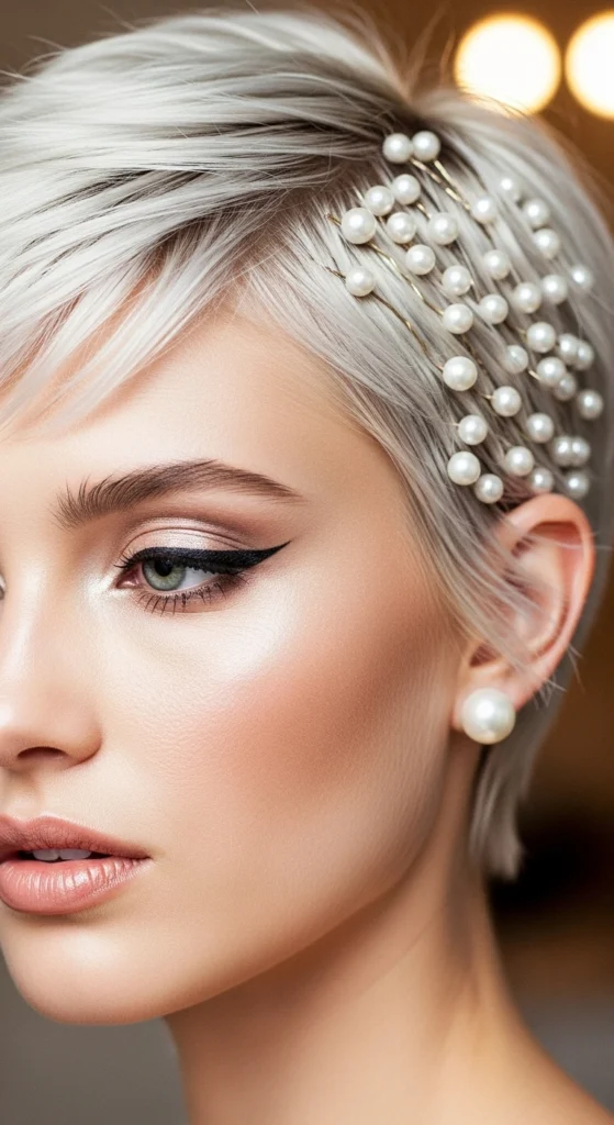 15 Short Prom Hairstyles ideas With a Modern Twist 1 Textured Pixie with Pearl Accents